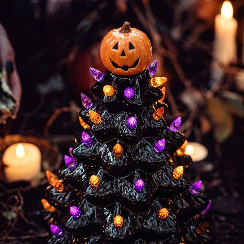 Halloween Ceramic Light-Up Tree with Pumpkin Topper