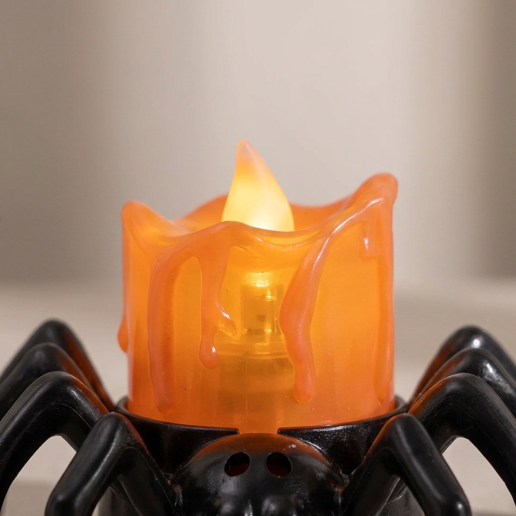 Halloween Flickering LED Spider Candle with Orange Pumpkin-Style Holder