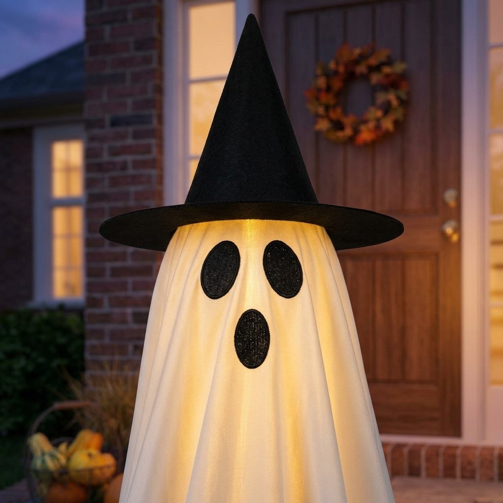 Halloween Ghost Decoration with LED Lights and Witch Hat