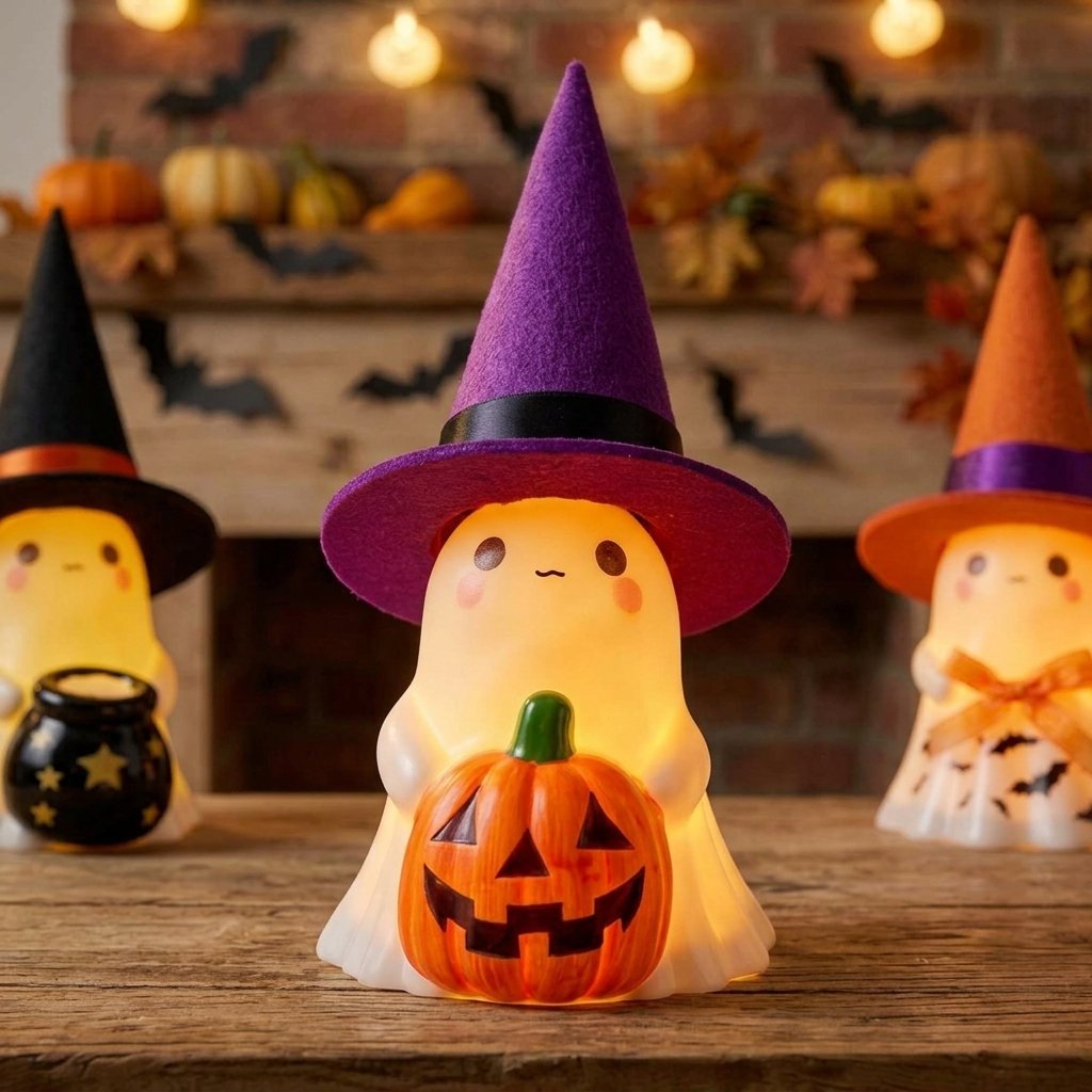 Halloween Ghost Figurines with Glowing Witch Hats, Set of 3
