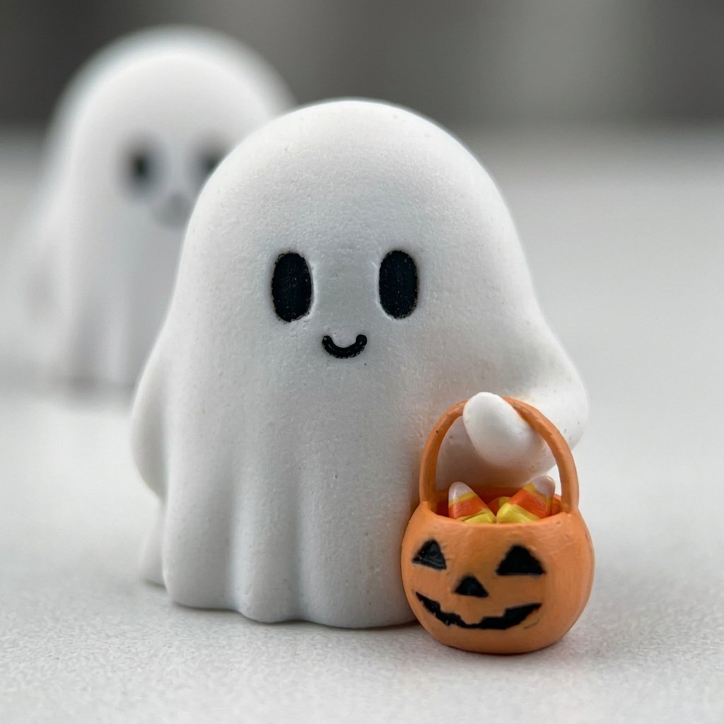 Halloween Ghost Figurines with Pumpkin Baskets – Set of 3 Resin Desk Ornaments