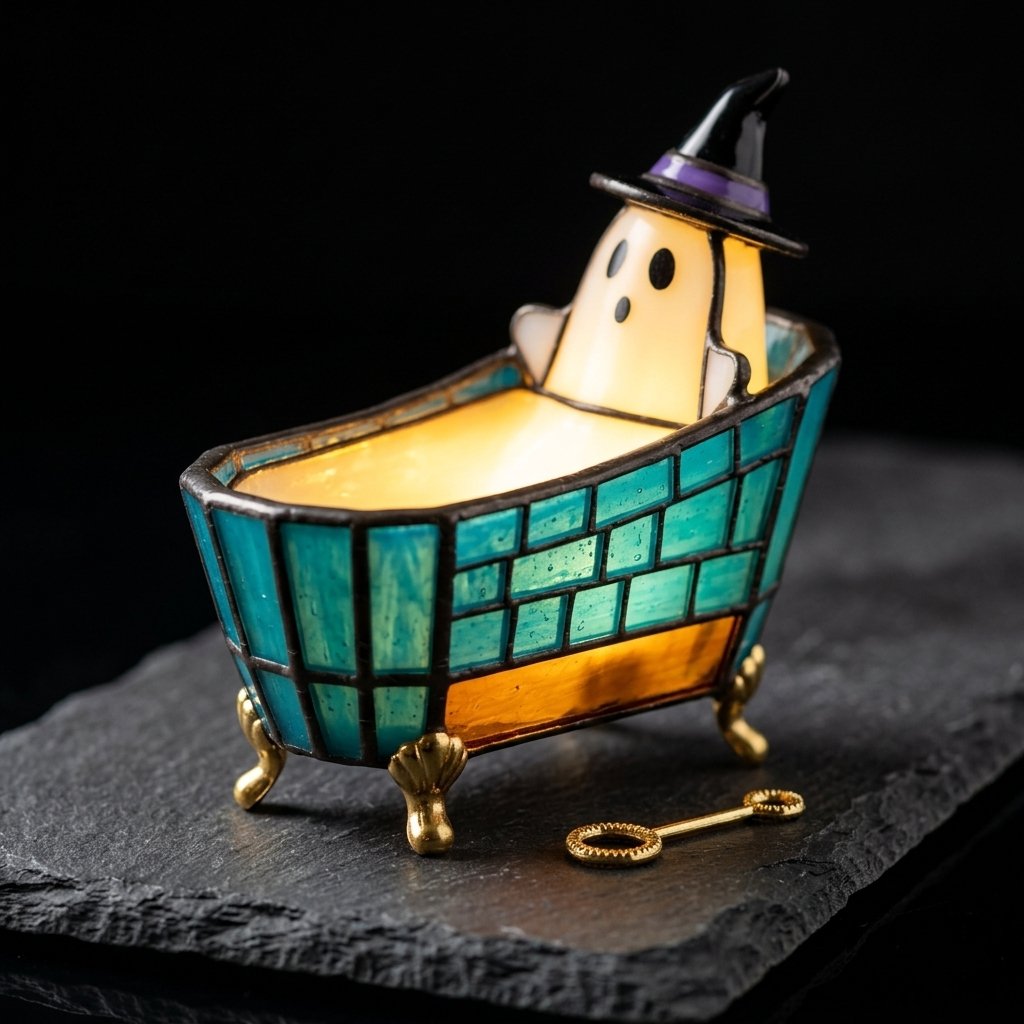 Halloween Ghost Reading Figurine Light with Stained-Glass-Style Glow – Battery-Operated Indoor Decoration