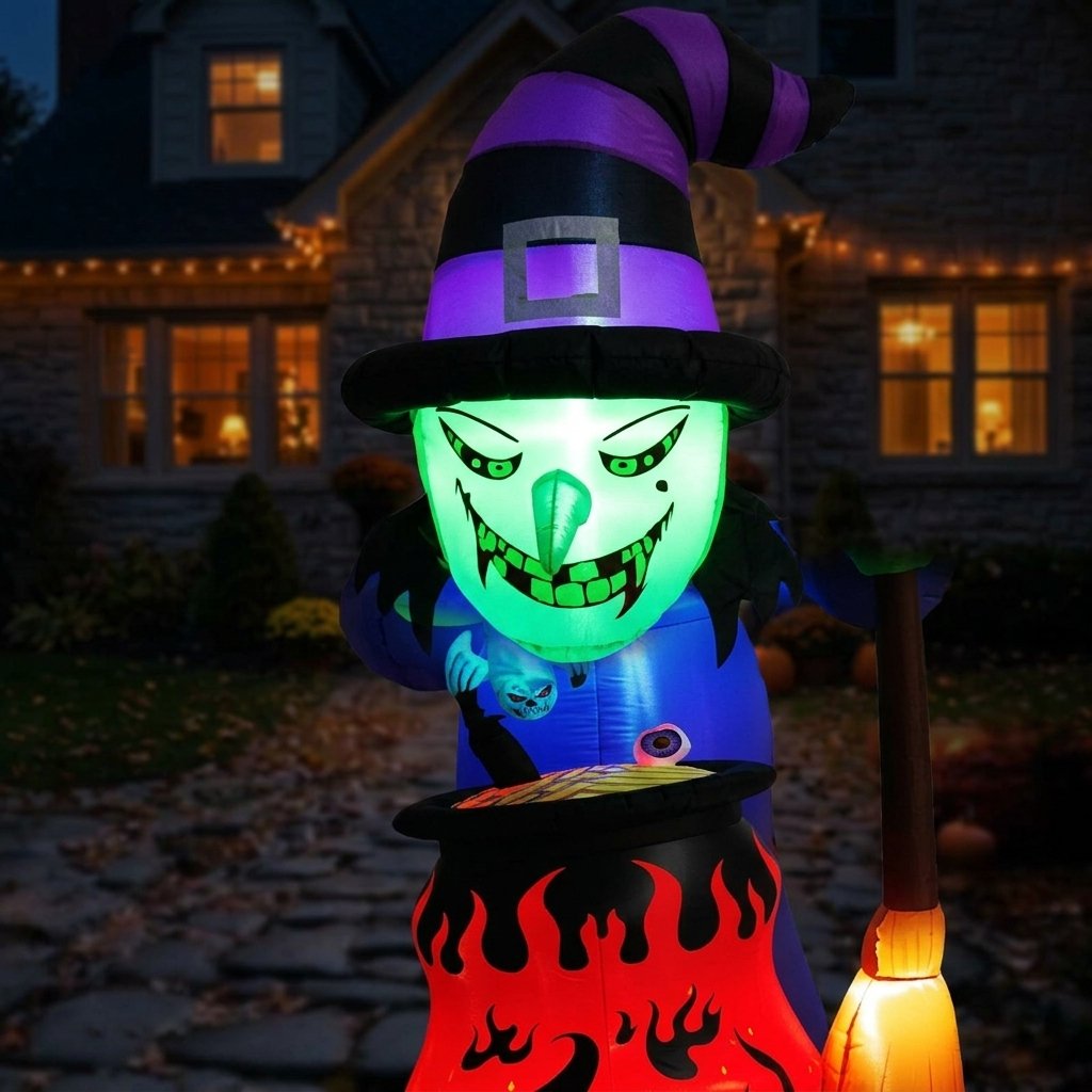 Halloween Inflatable Witch Decoration with Built-In LED Lighting for Outdoor Yard Display