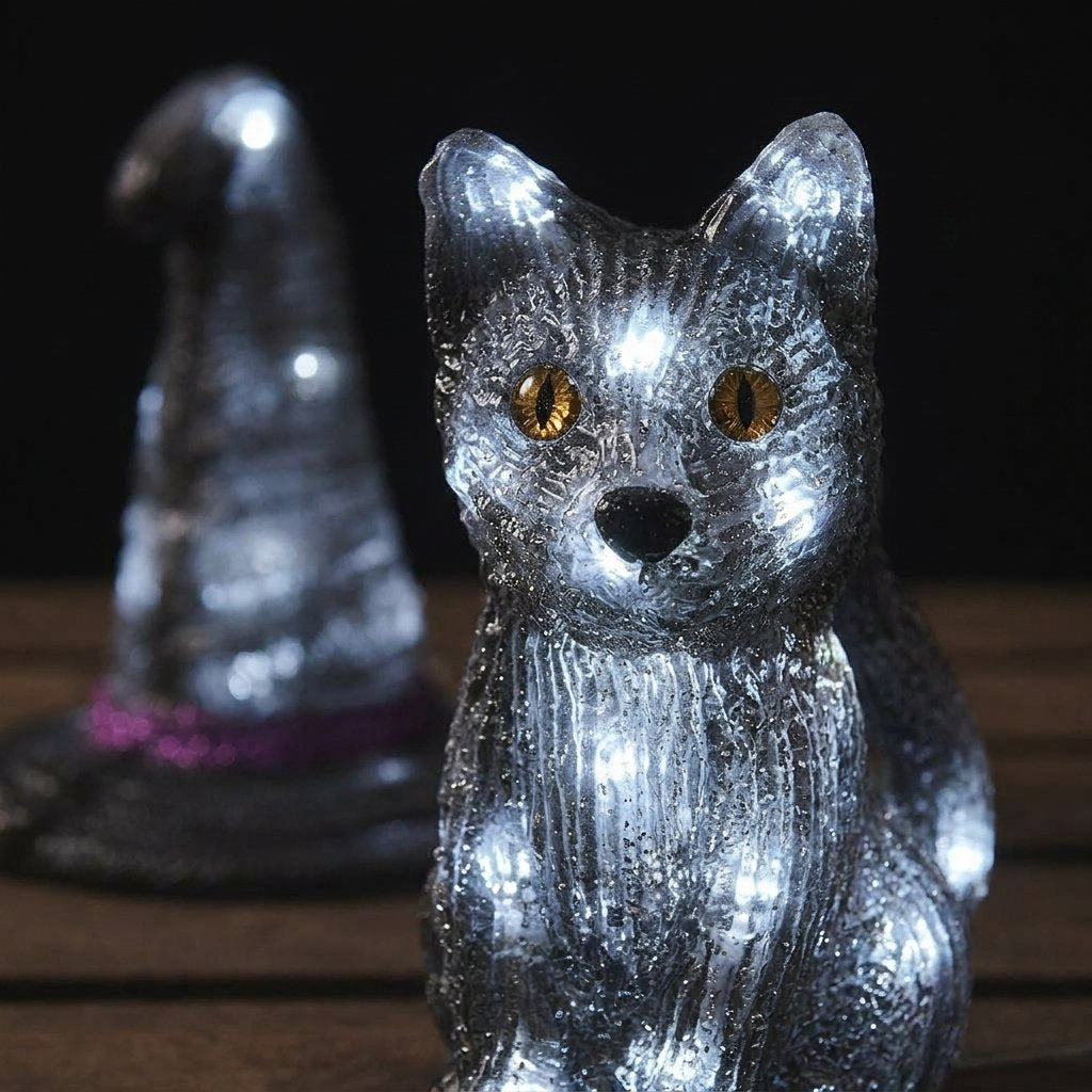 Halloween LED Acrylic Witch's Hat and Black Cat Figures with Built-In Timer – Set of 2