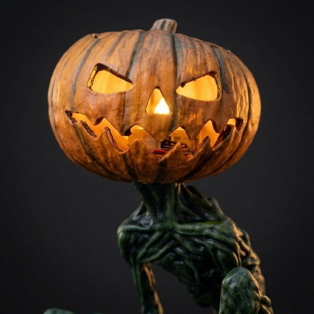 Halloween Pumpkin Creature Figurine with Battery-Powered Glowing Head