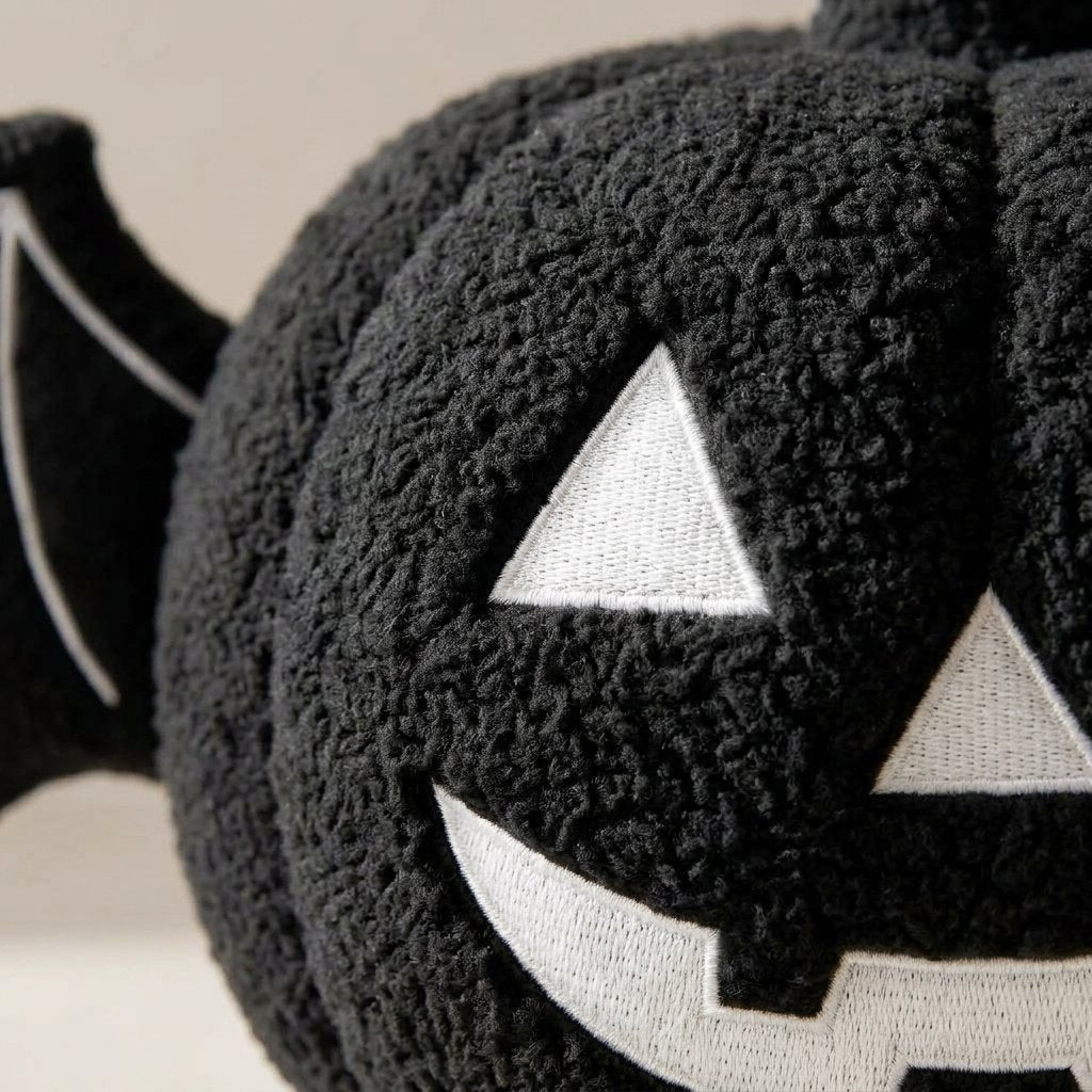 Halloween Pumpkin Cushion with Bat Wings, Plush Fleece