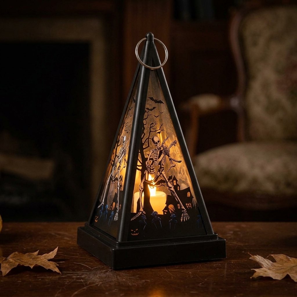 Halloween Pyramid Lantern with Flickering LED Candle