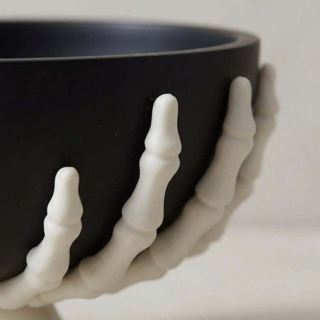 Halloween Skeleton Candy Bowl with Detachable Hands – Matte Black Gothic Serving Bowl for Seasonal Décor