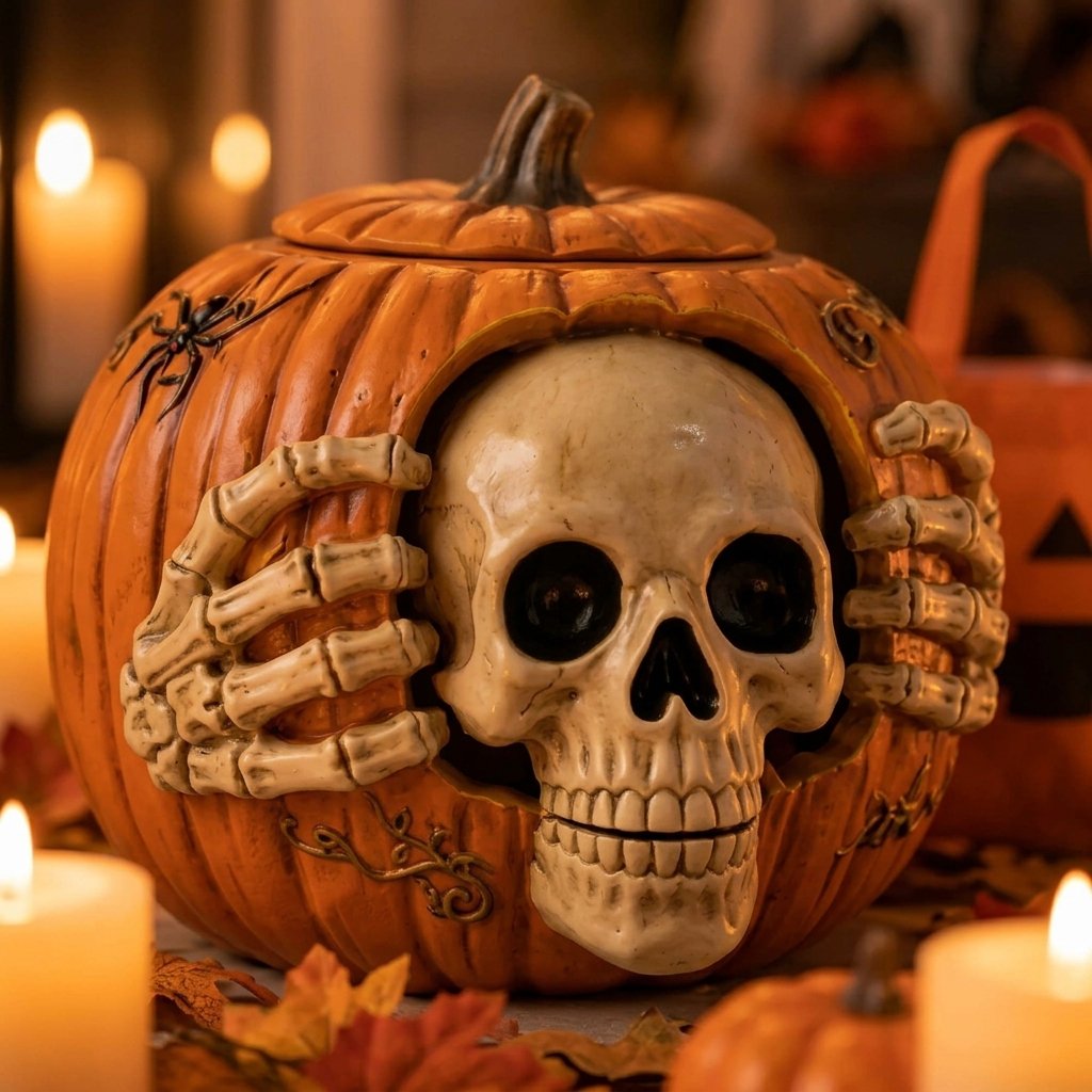 Halloween Skull Pumpkin Candy Jar with Removable Top Hat Lid