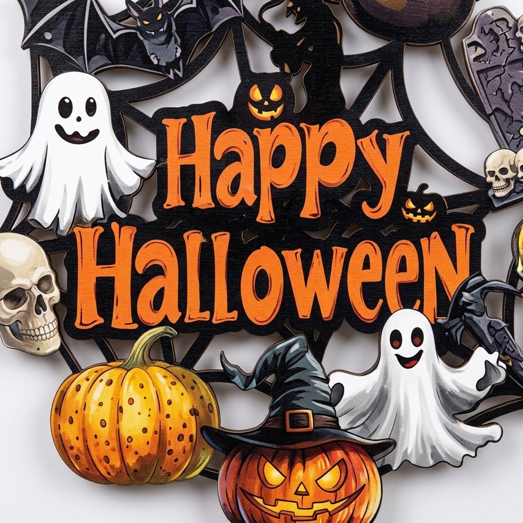 Halloween Wooden Ghost Wreath Door Sign with Pumpkin & Bat