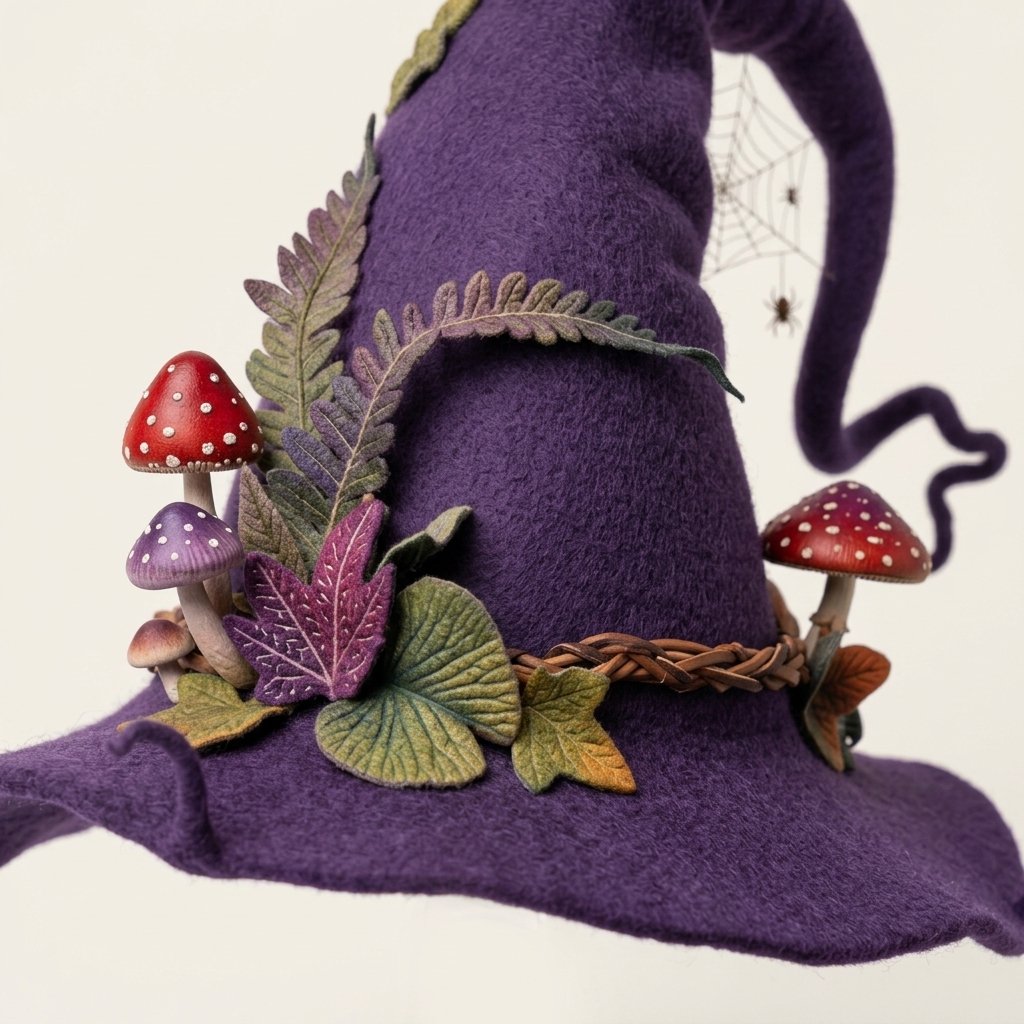 Handmade Felted Wool Witch Hat with Spiderweb Embroidery and Floral Accents