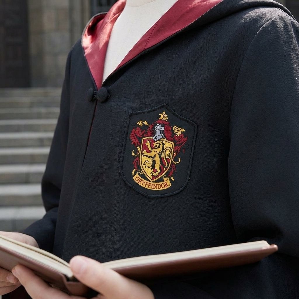 Hooded Wizard School Robe with Embroidered House Crest, Wand, Tie and Glasses