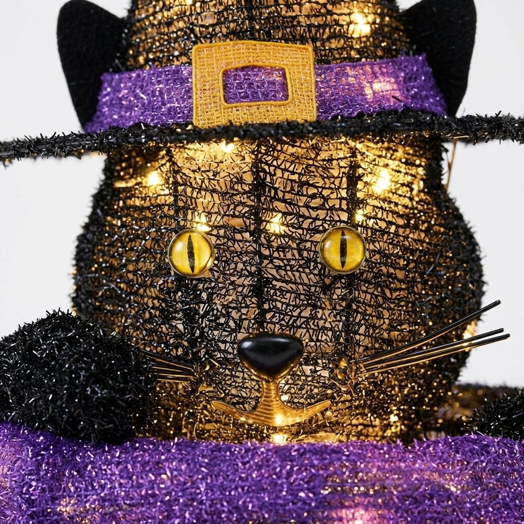Illuminated Cauldron Cat Outdoor LED Halloween Figure with Witch Hat