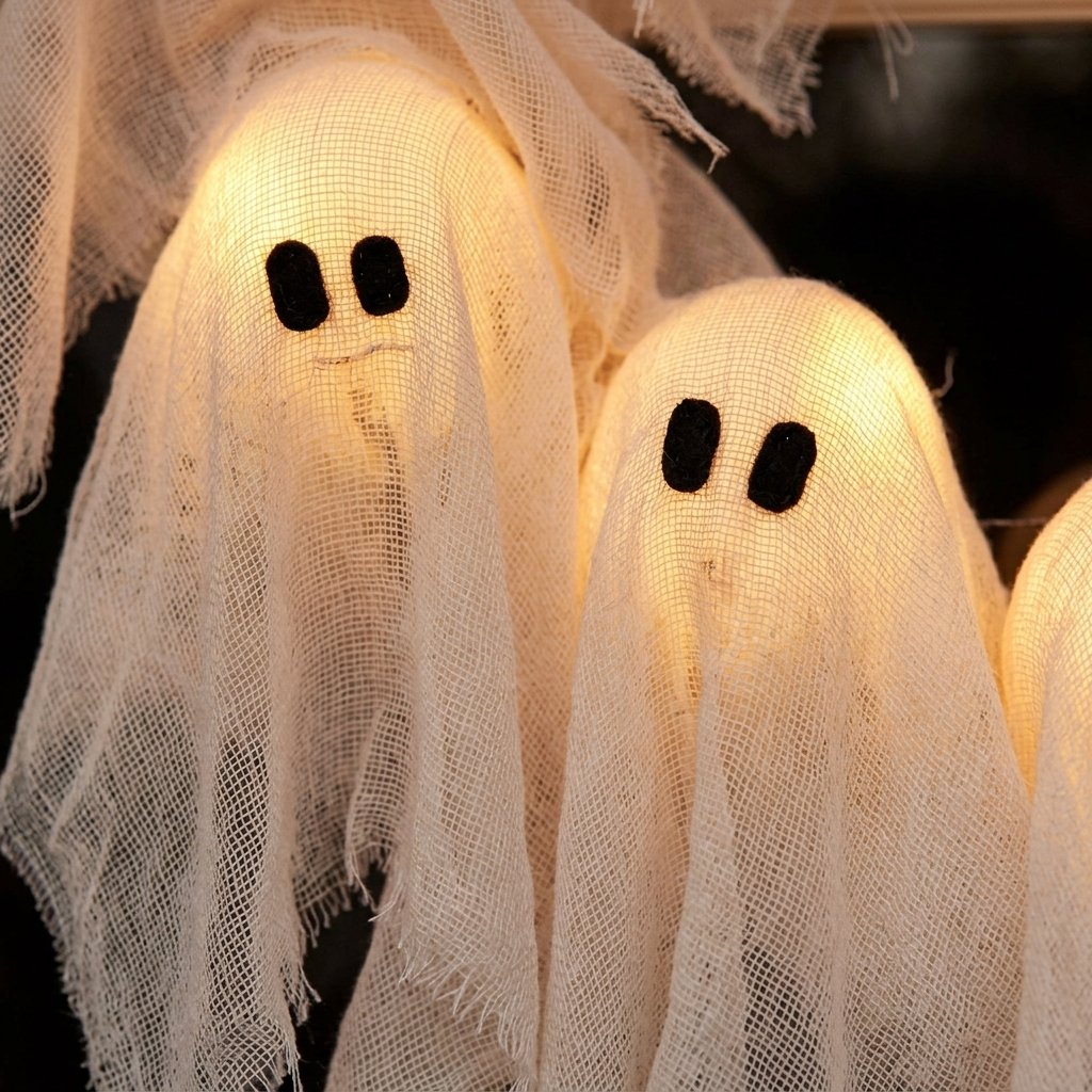Illuminated Halloween Ghost Wreath with LED Figures for Door or Wall Display
