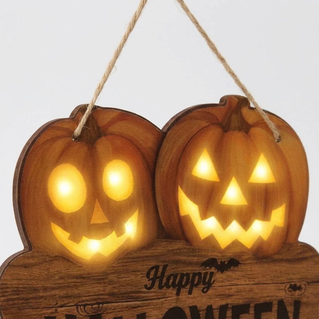 Illuminated Wooden Halloween Hanging Sign with Glowing Jack-o'-Lantern Pumpkin Faces