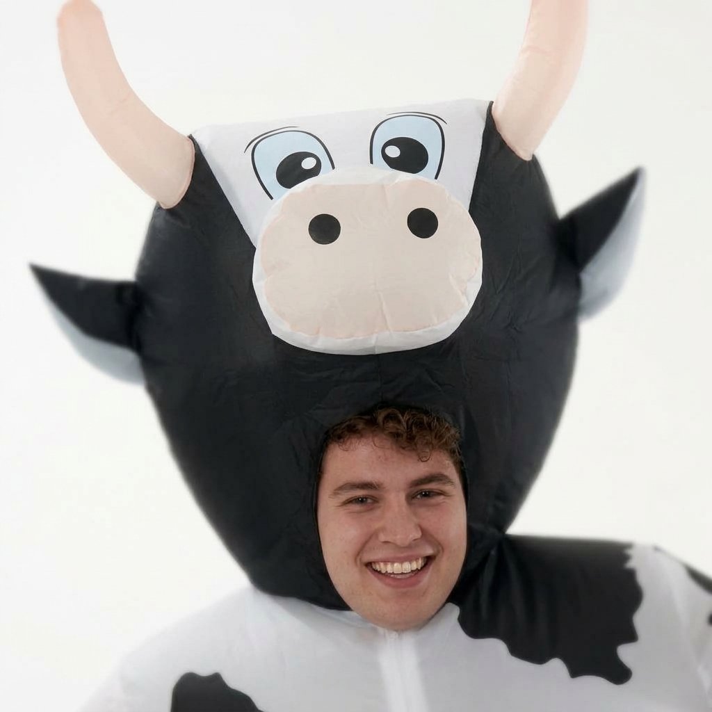 Inflatable Cow Full-Body Costume with Built-In Fan and Headpiece for Adults