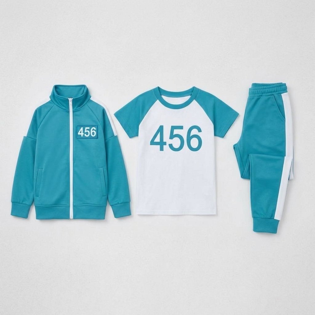 Kids' Three-Piece Teal Tracksuit Costume Set with Printed Numbers and Side Stripes