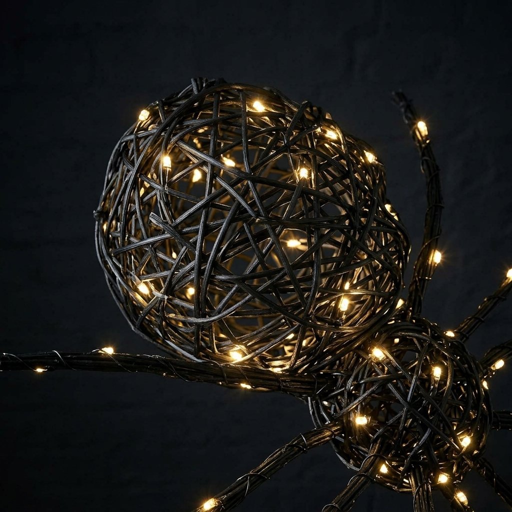 Large Rattan Black Spider Light-Up Halloween Figure with Warm White LEDs