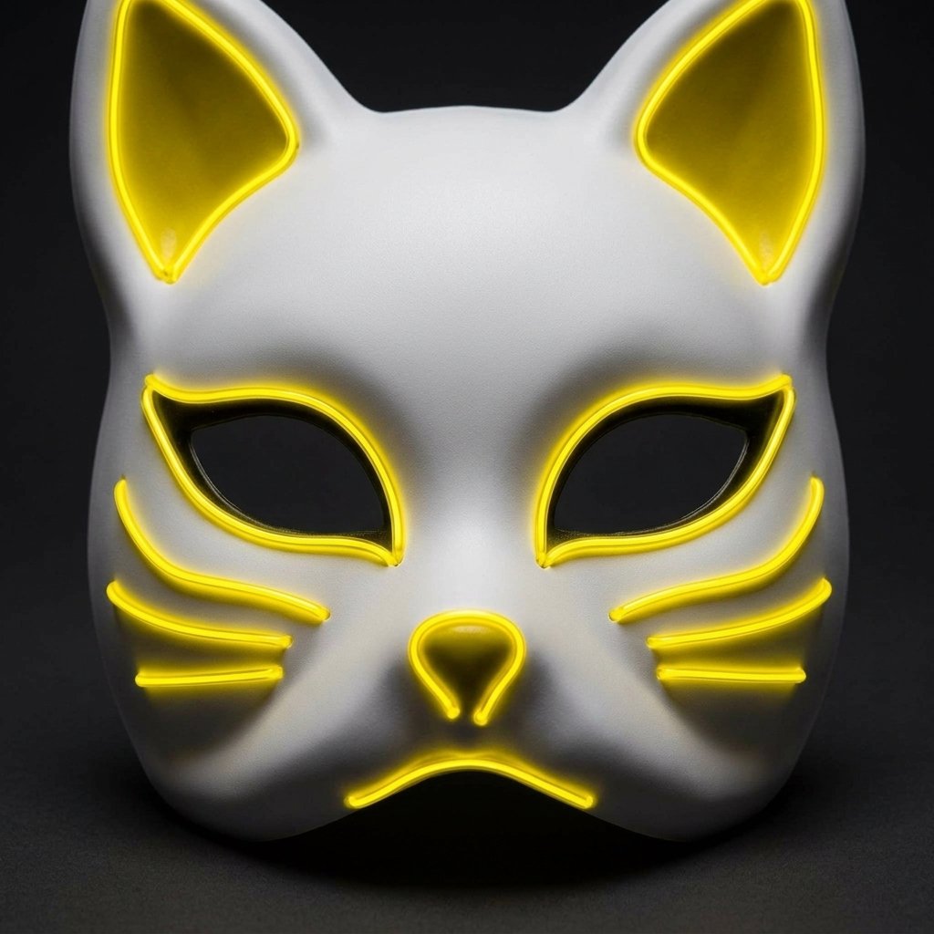 LED Kitsune Fox Mask with EL Wire Glow and Japanese Demon Design