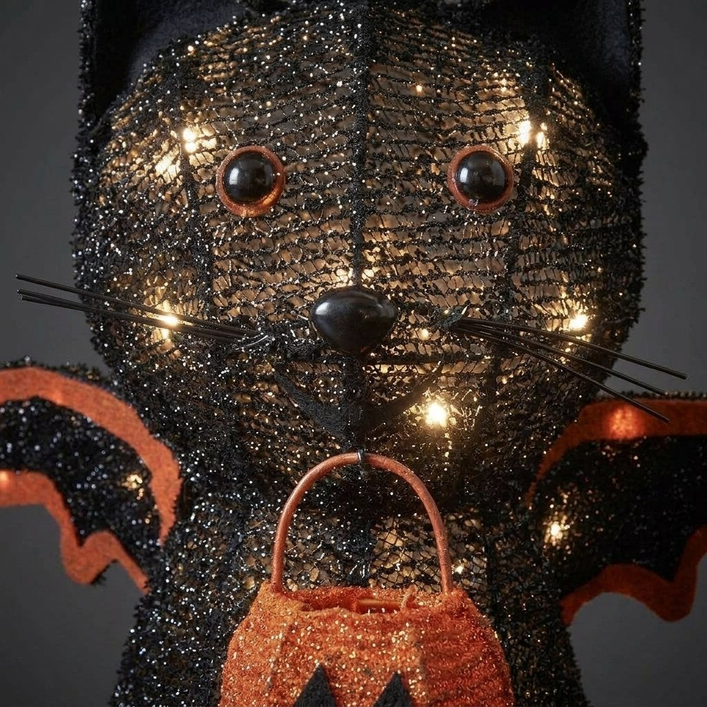 Light-Up Black Cat Halloween Decoration with Bat Wings and Pumpkin Basket