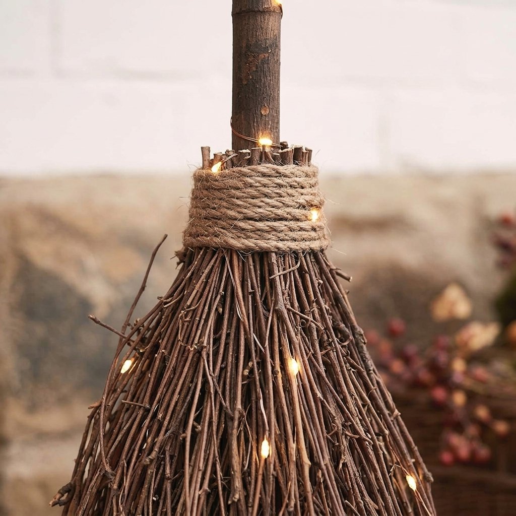 Light-Up Witch's Broom Halloween Decoration with Warm White Micro Lights