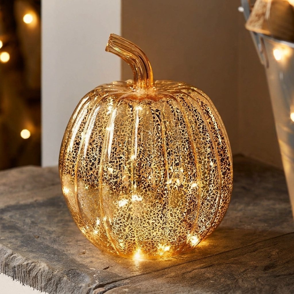 Mercury Gold Light-Up Glass Pumpkin Decoration with LED Timer
