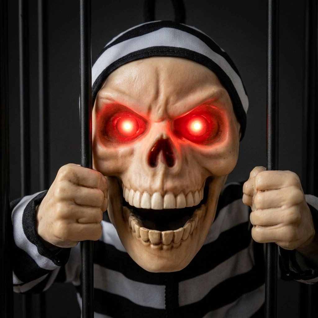 Motion-Activated Skeleton in Hanging Cage Halloween Decoration with Glowing Red Eyes and Scream Sound Effect