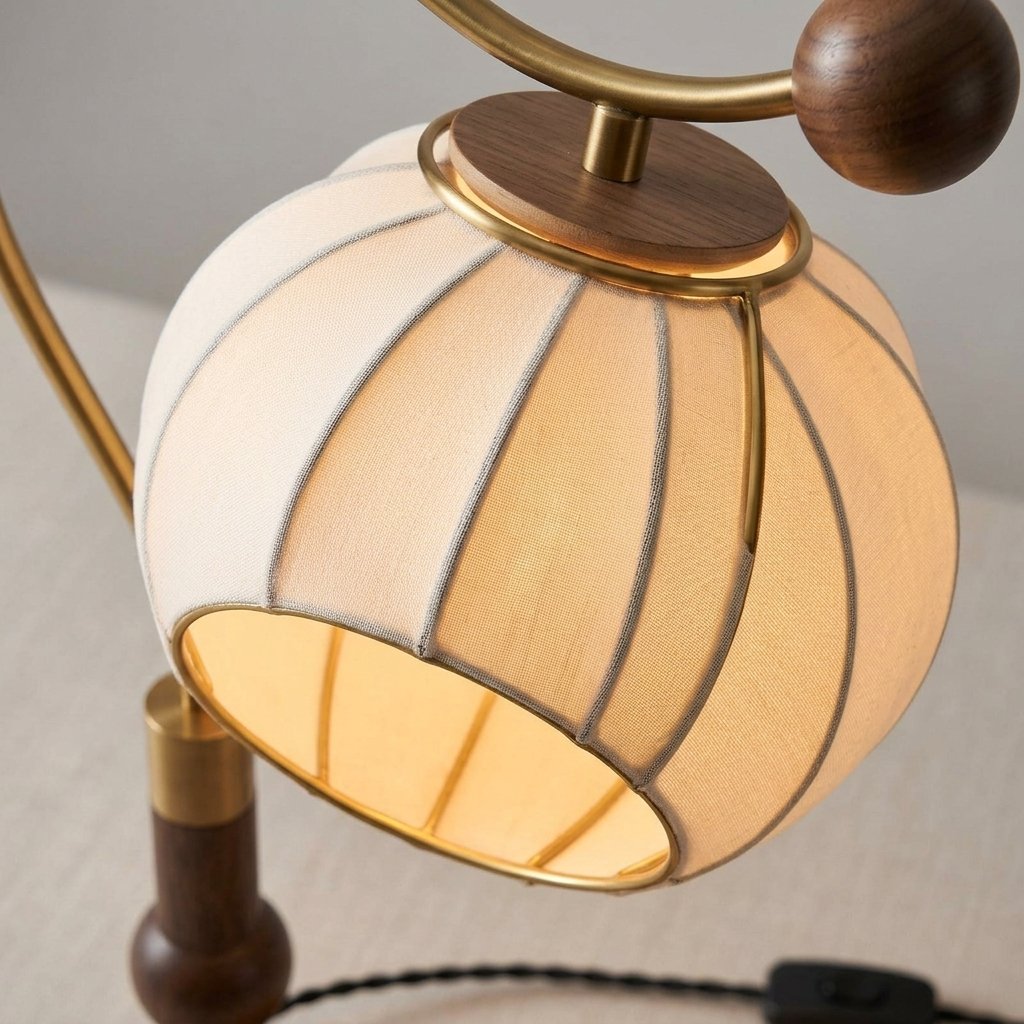 Nanyang Sculptural Table Lamp with Walnut Base, Curved Brass Arm and Ribbed Fabric Shade