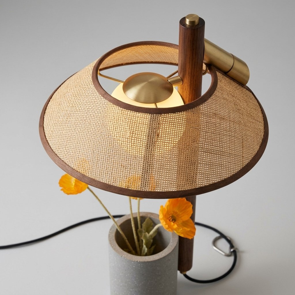 Nordic Drum Planter Table Lamp with Linen Shade and Concrete Base