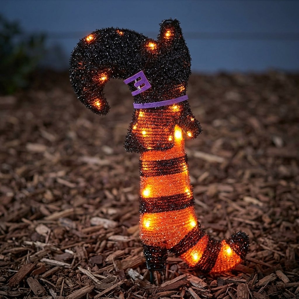Outdoor Halloween Decoration Bundle – Light-Up Jack-o'-Lantern, Witch Leg Stake Lights and Black Cat