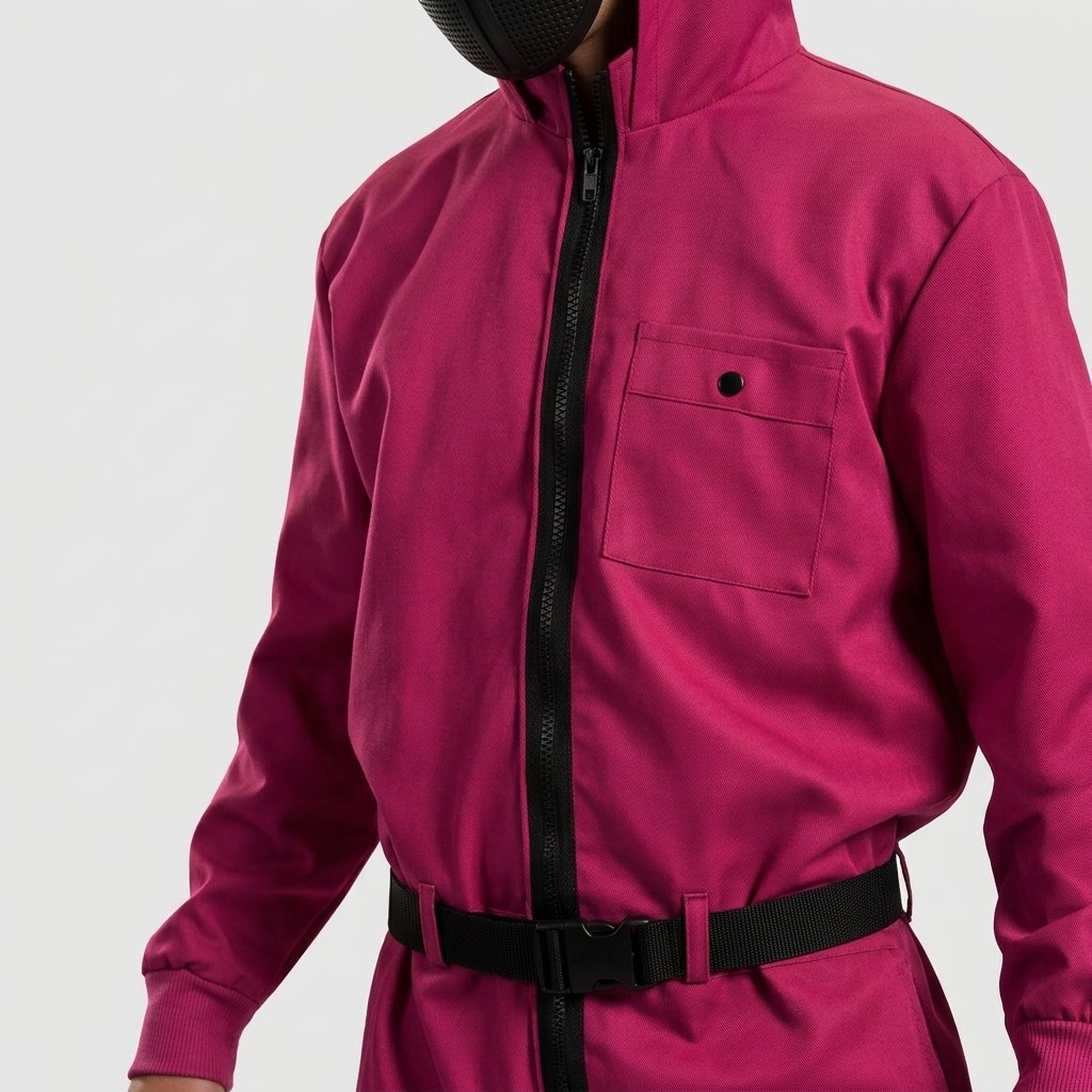 Pink Hooded Jumpsuit Costume with Belt and Geometric Mask – Adult and Children's Sizes