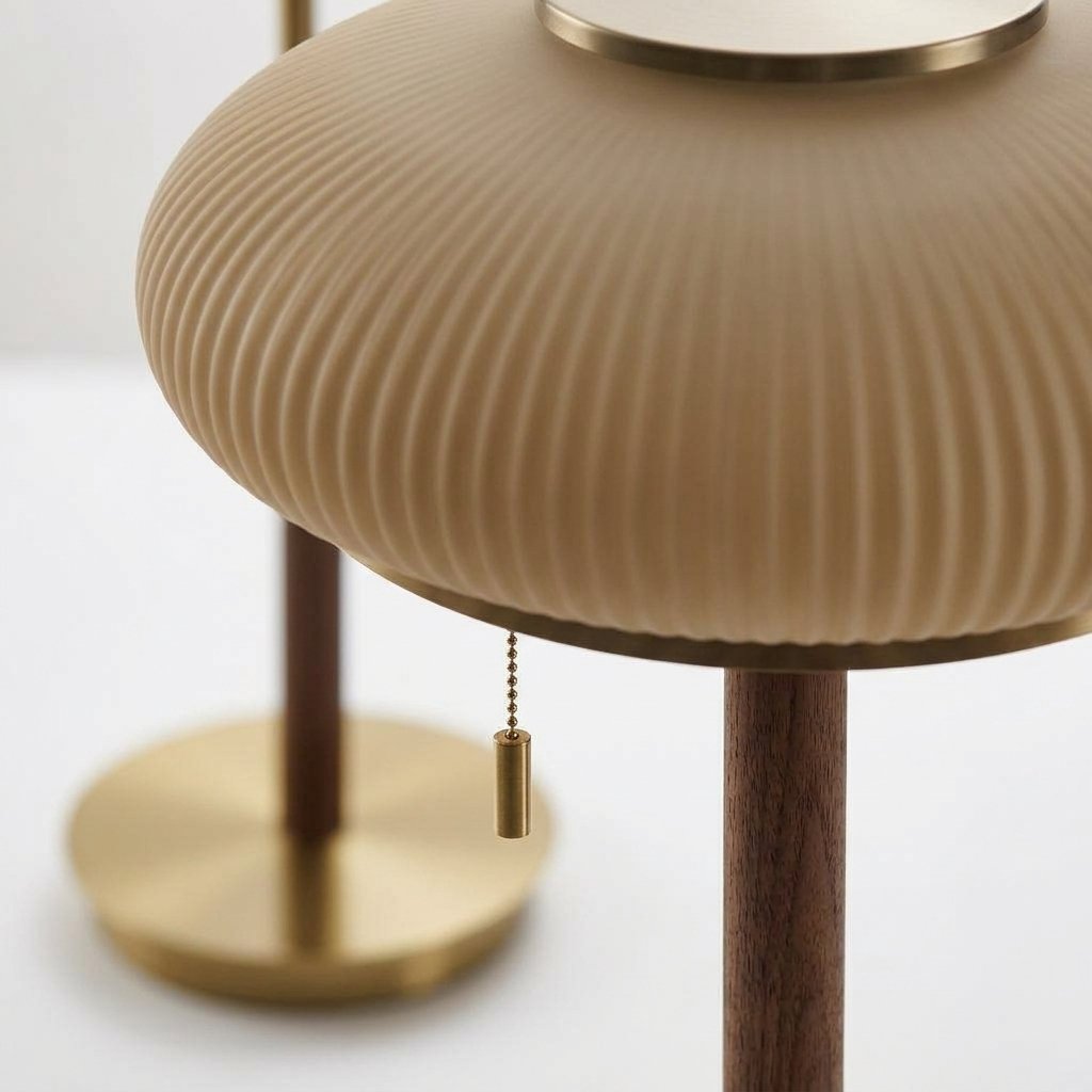 Pleated Saucer Table Lamp with Frosted Glass Shade and Walnut Stem