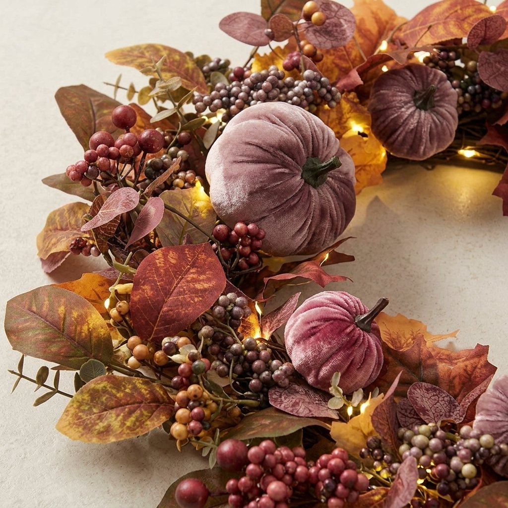Pre-Lit Luxury Velvet Pumpkin Meadow Wreath and Garland Set with LED Lights