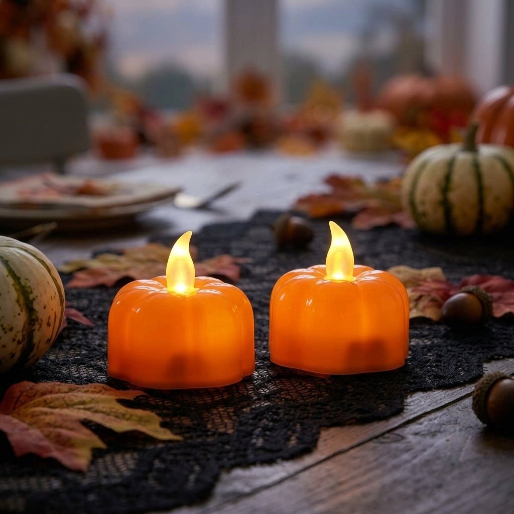 Pumpkin LED Tea Lights, Flameless Flickering, Pack of 12