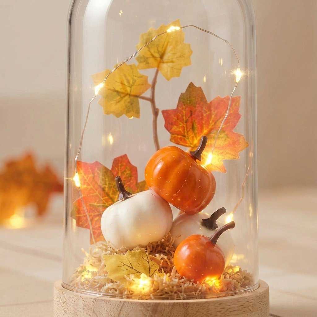 Pumpkin Patch Autumn Glass Dome with LED Fairy Lights and Wooden Base