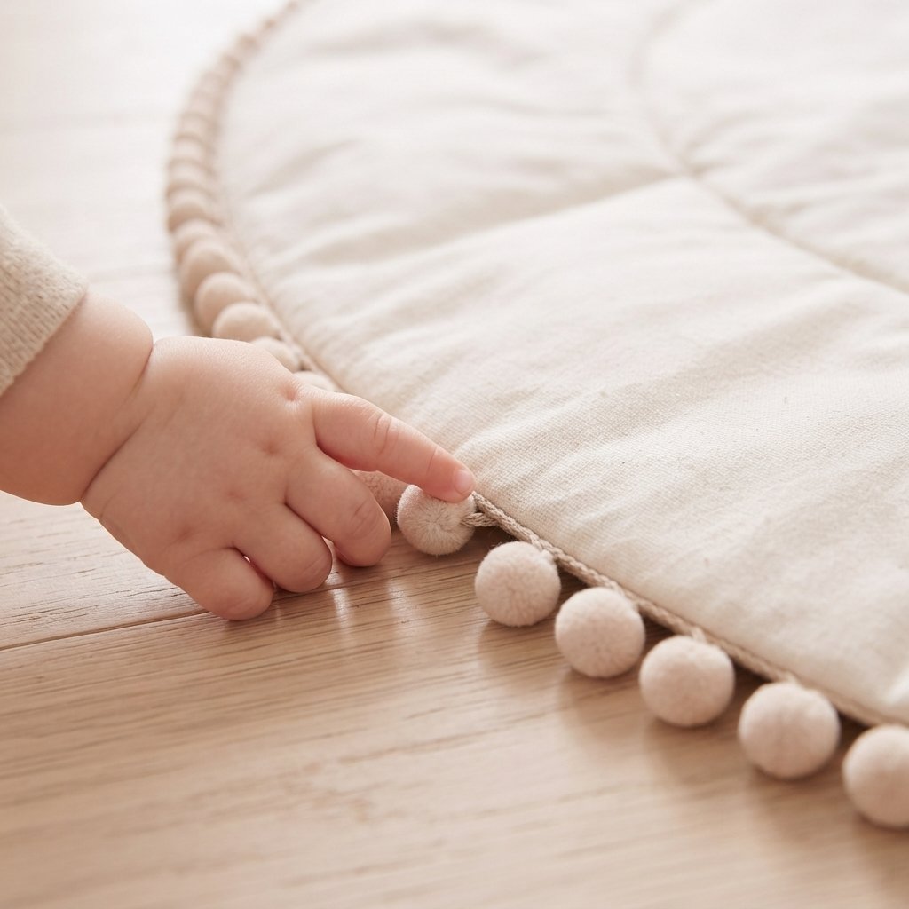 Quilted Round Baby Play Mat with Pom-Pom Trim