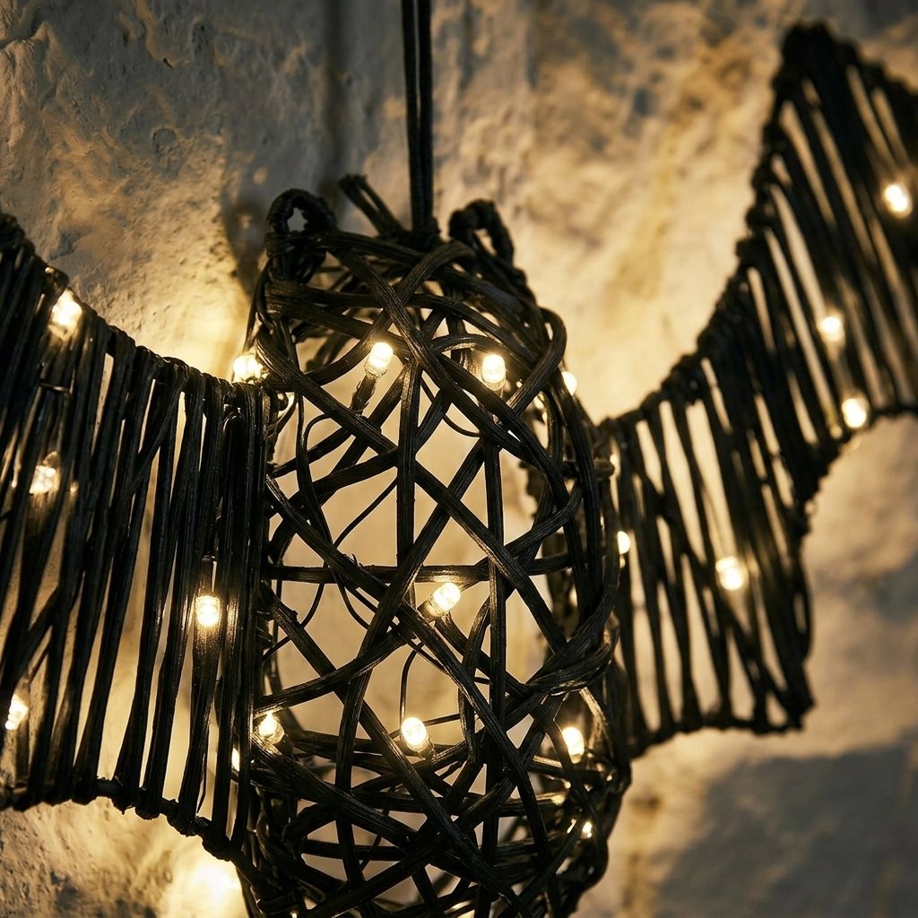 Rattan Black Bat Light-Up Halloween Figure with Warm White LEDs