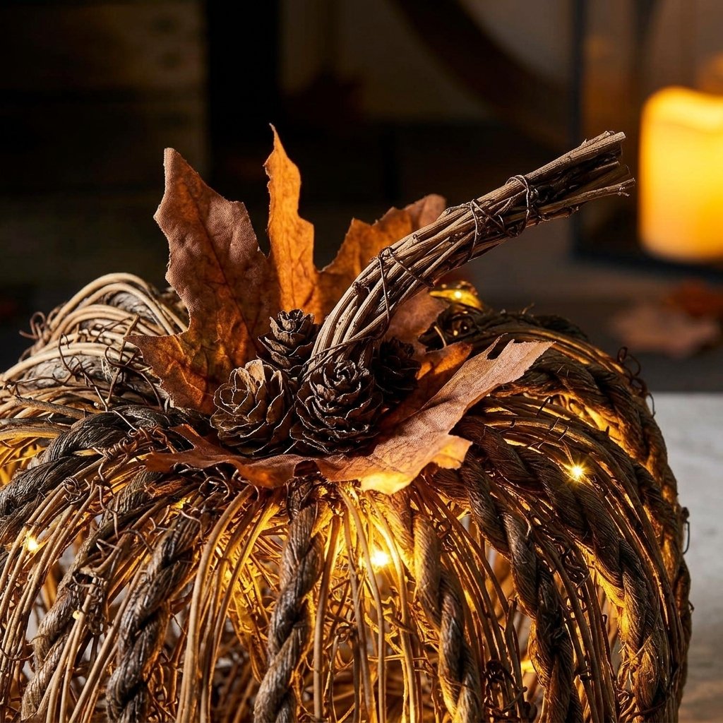 Rattan LED Light-Up Pumpkin with Autumn Leaf Detail