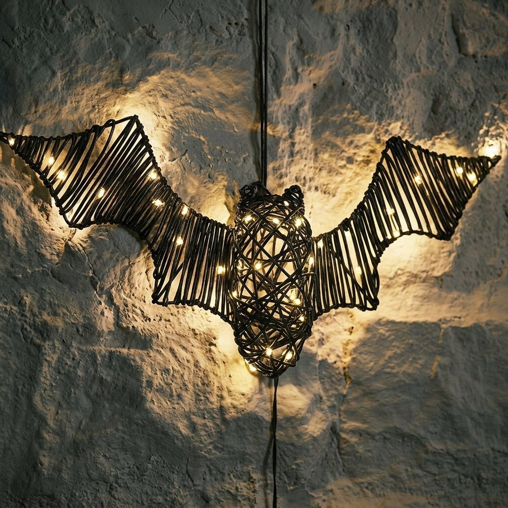 Rattan Spider, Bat and Witches' Hat LED Halloween Decoration Set with Warm White Lights