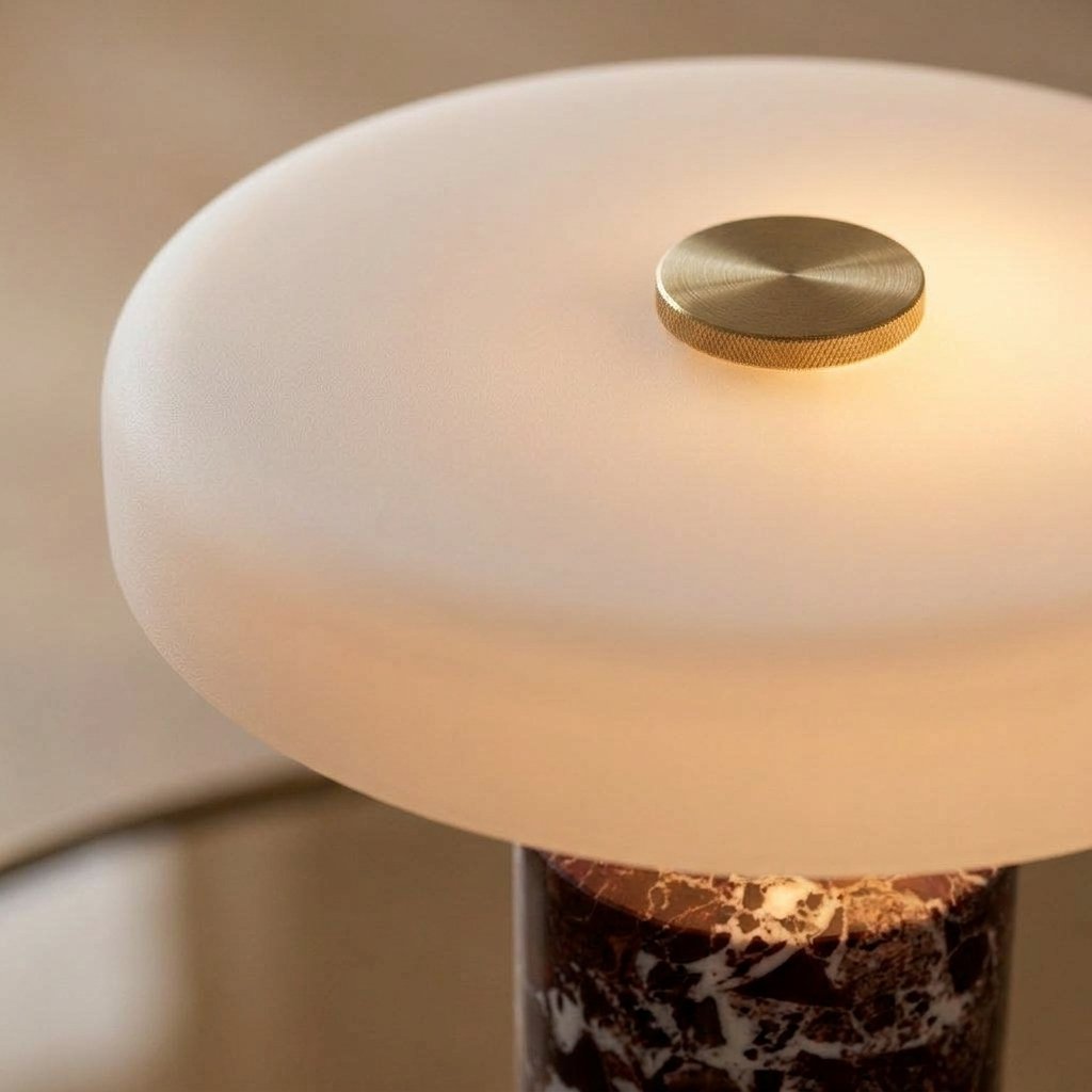 Rechargeable marble table lamp with frosted glass shade and brass detail