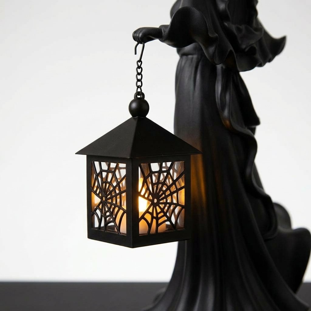 Resin Witch Figurine with Spider Web Lantern – Halloween Home Decoration