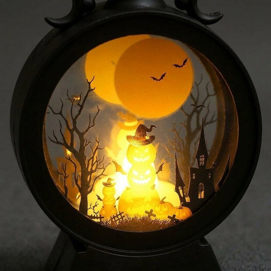 Retro Halloween Lantern with Warm LED Glow and Cut-Out Scene