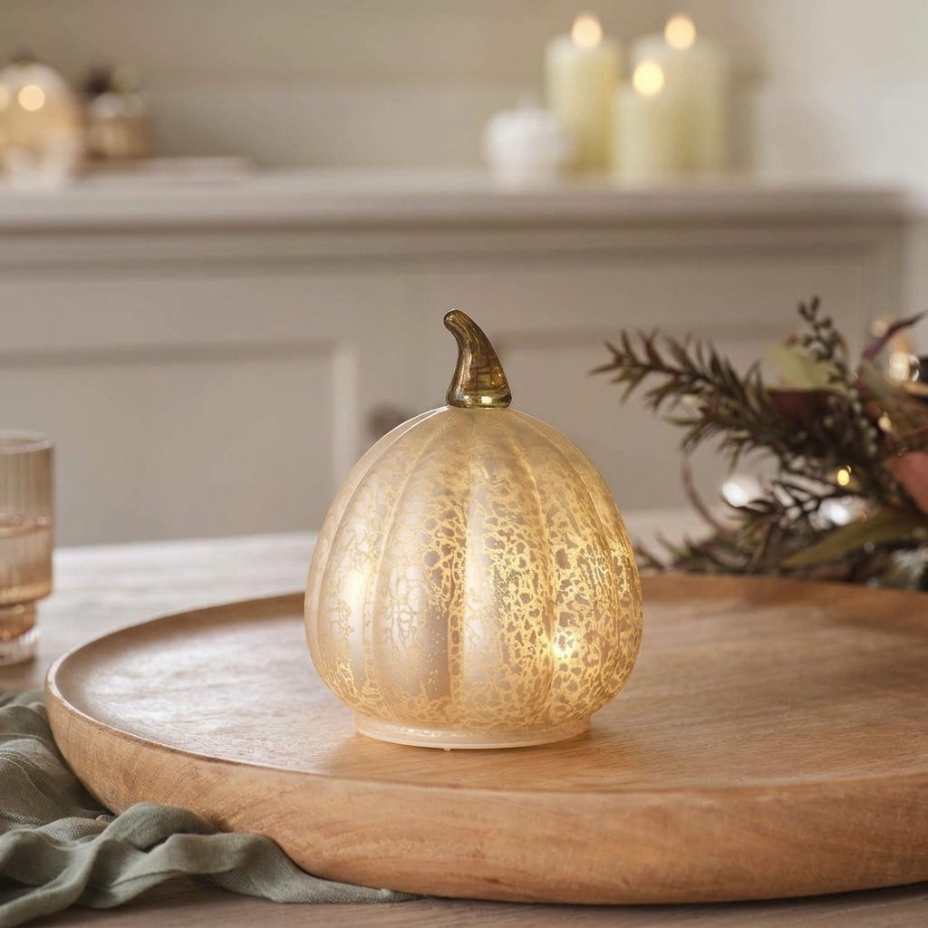 Set of 3 Autumnal Glass Light-Up Pumpkins with Warm White LEDs