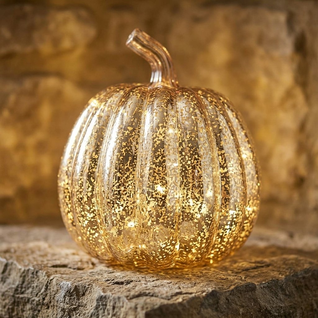 Set of 5 Light-Up Pumpkin Decorations – Ceramic, Mercury Gold and Brass Mottled