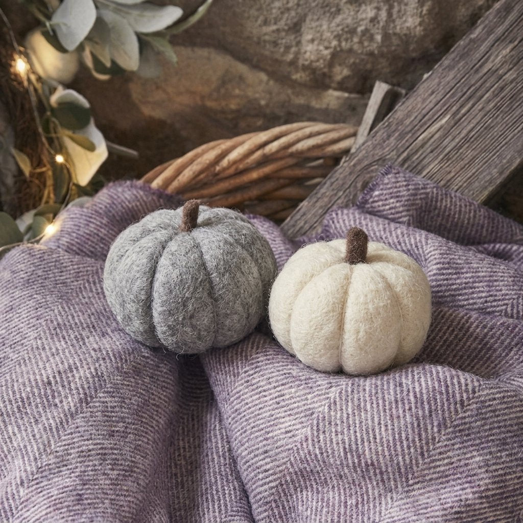 Set of 6 Handmade Felt Pumpkin Autumn Decorations in Neutral Grey and Cream