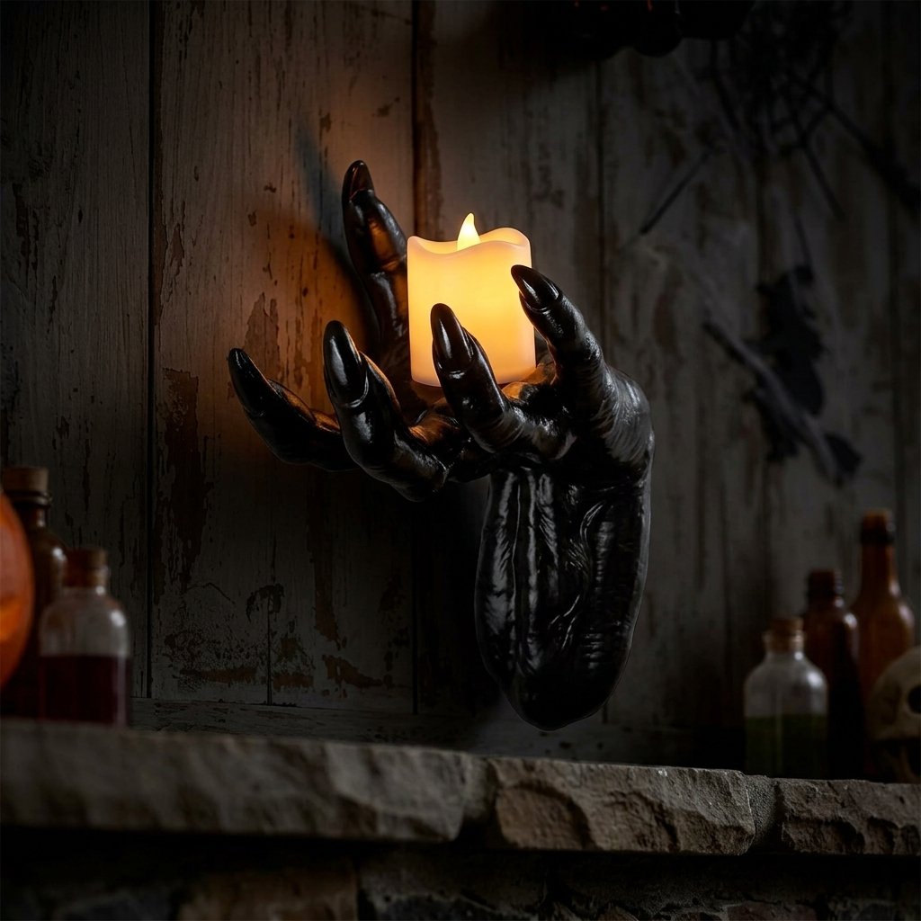 Set of Three Wall-Mounted Monster Hand Candle Holders with Warm LED Candles