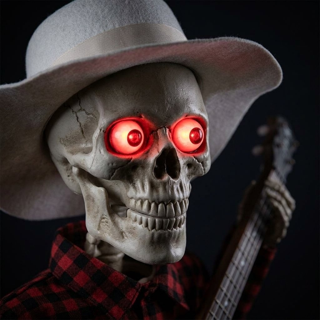 Sitting Banjo-Playing Skeleton Halloween Decoration with LED Glowing Eyes and Interactive Movement