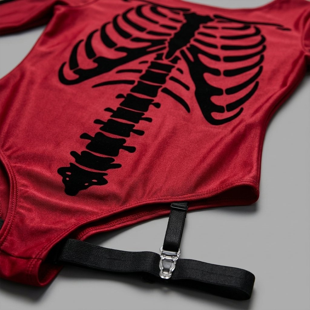 Skeleton Print Long-Sleeve Bodysuit with Thigh-High Leggings – Halloween Costume