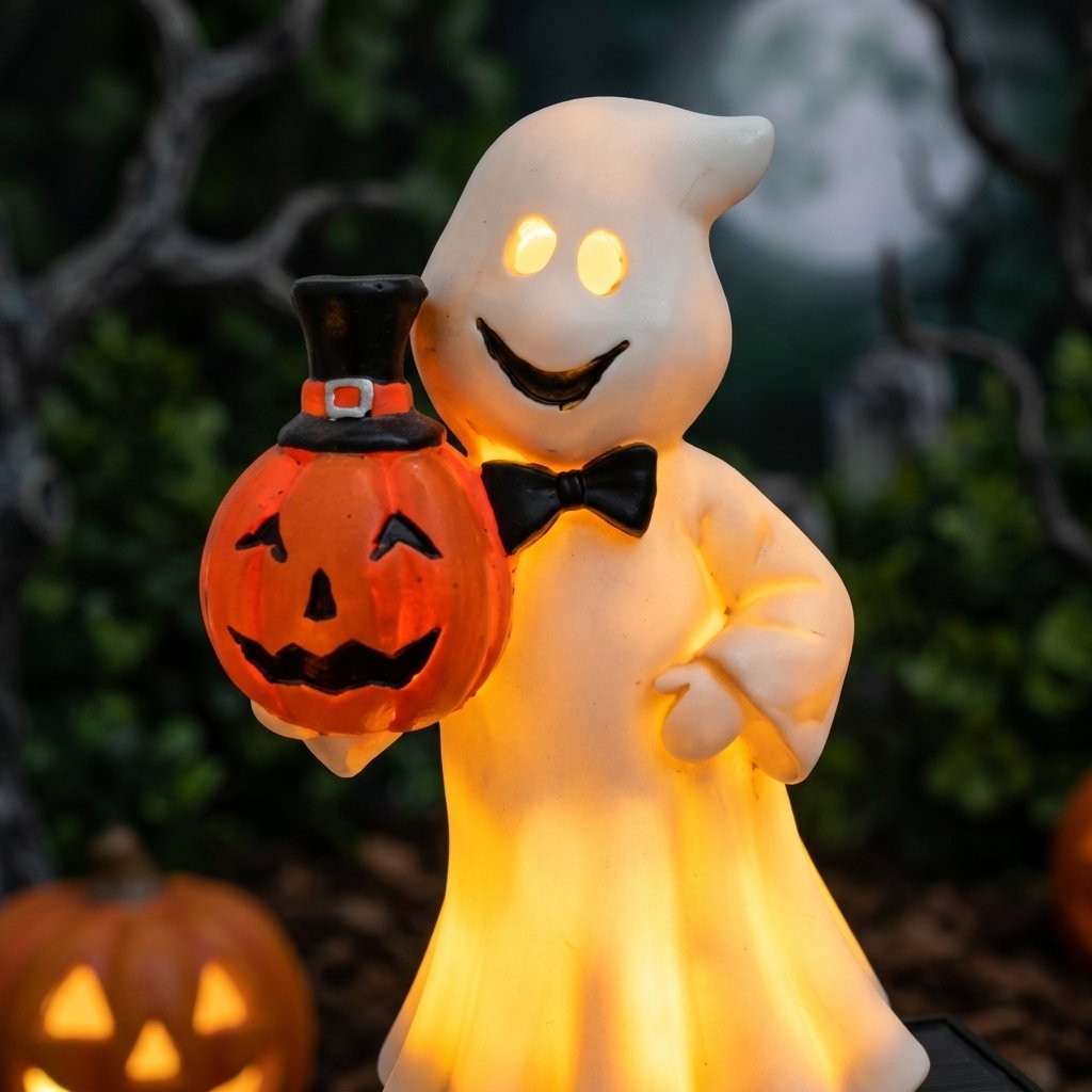 Solar-Powered Halloween Ghost Garden Stake Light with Pumpkin Figurine
