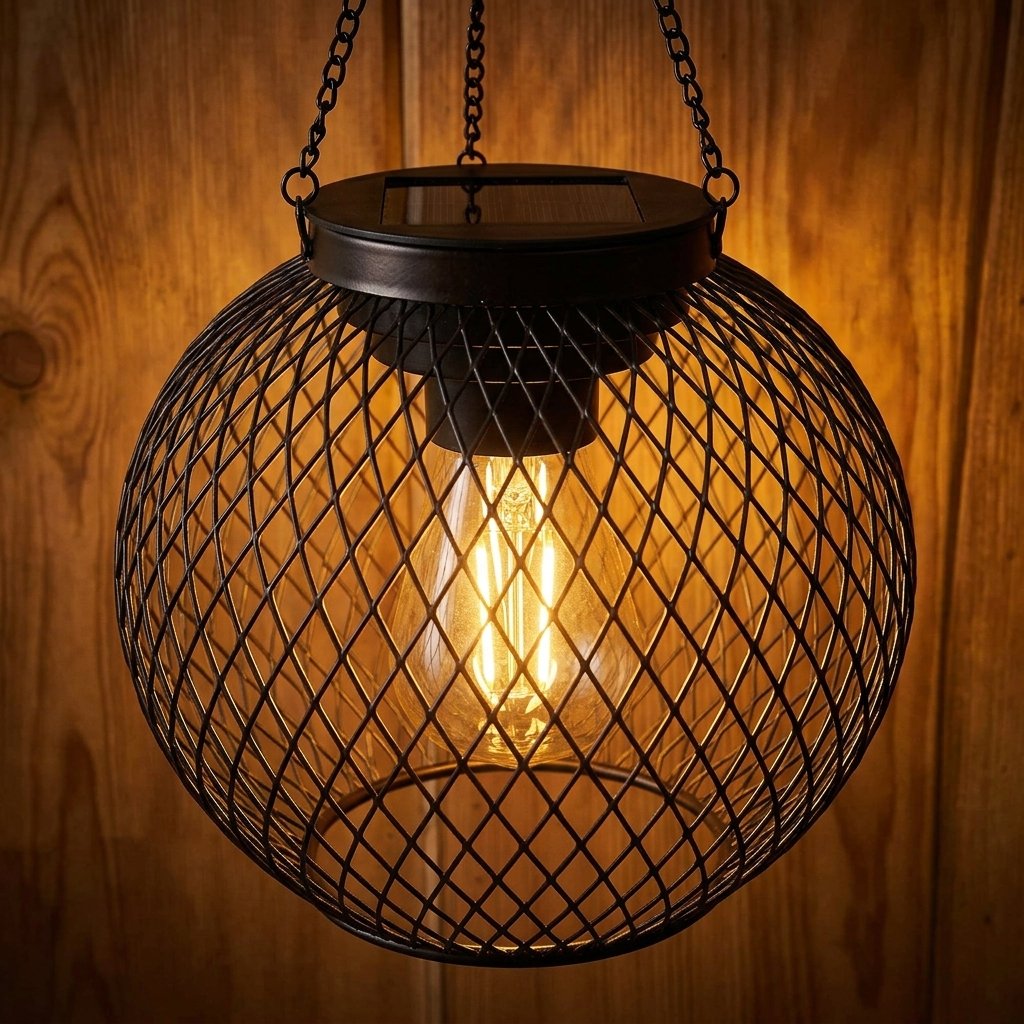 Solar-Powered Hanging Globe Lantern with Warm White LED – Black Metal Wire Mesh, Set of 2